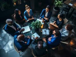 Diverse group of business professionals is engaged in a brainstorming session AI Generative photo