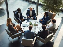 Diverse group of business professionals is engaged in a brainstorming session AI Generative photo