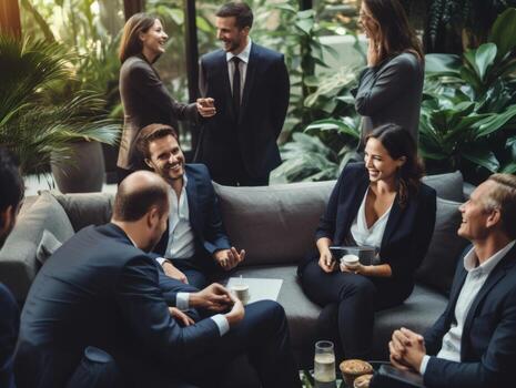 Diverse group of business professionals is engaged in a brainstorming session AI Generative photo