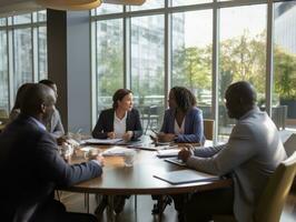 Diverse group of business professionals is engaged in a brainstorming session AI Generative photo