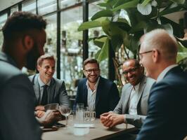 Diverse group of business professionals is engaged in a brainstorming session AI Generative photo