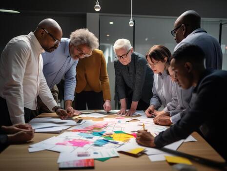 Diverse group of business professionals is engaged in a brainstorming session AI Generative photo
