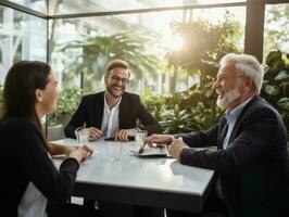 Diverse group of business professionals is engaged in a brainstorming session AI Generative photo