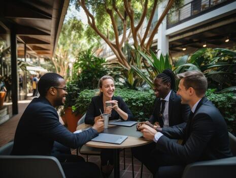 Diverse group of business professionals is engaged in a brainstorming session AI Generative photo