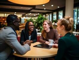 Diverse group of business professionals is engaged in a brainstorming session AI Generative photo