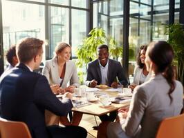 Diverse group of business professionals is engaged in a brainstorming session AI Generative photo