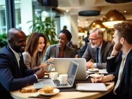 Diverse group of business professionals is engaged in a brainstorming session AI Generative photo