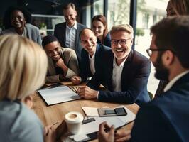 Diverse group of business professionals is engaged in a brainstorming session AI Generative photo