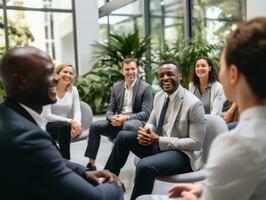 Diverse group of business professionals is engaged in a brainstorming session AI Generative photo