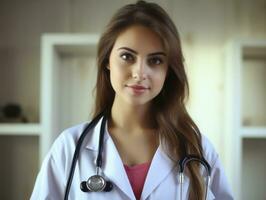 Female doctor carefully examines a patient in her office AI Generative photo