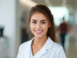 hembra médico cuidadosamente examina un paciente en su oficina ai generativo foto