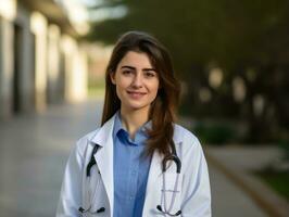 Female doctor carefully examines a patient in her office AI Generative photo