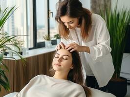 Female doctor carefully examines a patient in her office AI Generative photo