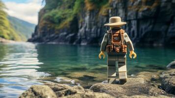 Lego character embarking on epic adventures with friends AI Generative photo