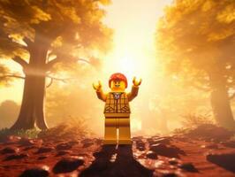 Lego character embarking on epic adventures with friends AI Generative photo