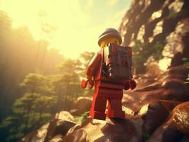 Lego character embarking on epic adventures with friends AI Generative photo