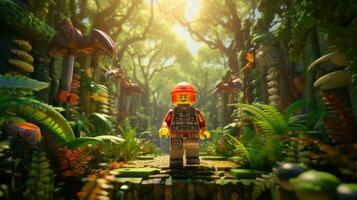 Lego character embarking on epic adventures with friends AI Generative photo