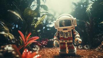 Lego character embarking on epic adventures with friends AI Generative photo