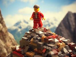 Lego character embarking on epic adventures with friends AI Generative photo