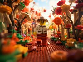 Lego character embarking on epic adventures with friends AI Generative photo