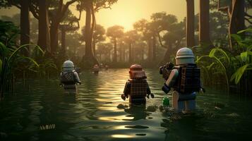 Lego character embarking on epic adventures with friends AI Generative photo