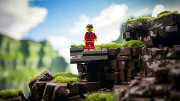 Lego character embarking on epic adventures with friends AI Generative photo