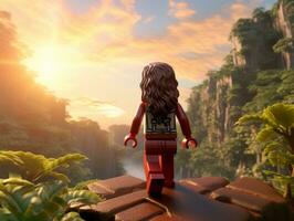 Lego character embarking on epic adventures with friends AI Generative photo