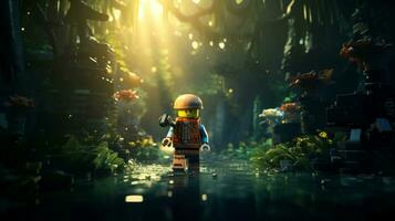 Lego character embarking on epic adventures with friends AI Generative photo