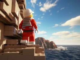 Lego character embarking on epic adventures with friends AI Generative photo