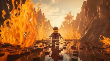 Lego character embarking on epic adventures with friends AI Generative photo