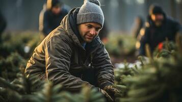 joven hombre trabajando a el Navidad árbol granja plantando nuevo arboles durante el fiesta estación. generativo ai. foto