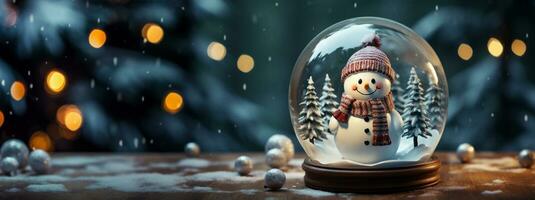 Christmas Snow Globe with Snowman on a Wood Surface Banner. Generative AI. photo