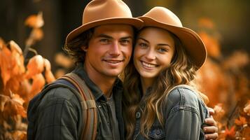 Young adult romantic couple wearing cowboy hats enjoying the fall country atmosphere - generative AI. photo