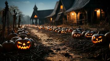 Spooky and fun collection of dozens of Halloween carved pumpkins outside on Hallows Eve - generative AI. photo