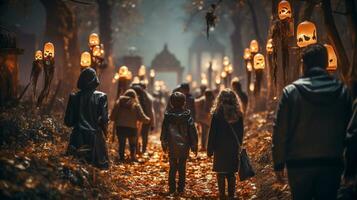 Spooky teenagers and children dressed up for Halloween walking down the sidewalk together - generative AI. photo