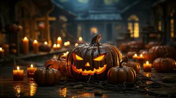 Halloween pumpkins and candles on a house porch entry way - generative AI. photo