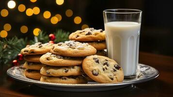 chocolate chip galletas y Leche en un pequeño plato esperando para Papa Noel cláusula Una niebla el decoraciones en Navidad víspera. generativo ai foto