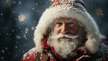 Santa Clause Dressed Man with White Beard Outside on a Snowy Christmas Night. Generative AI. photo
