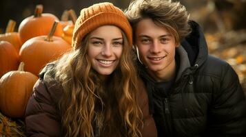 joven novio y Novia disfrutando el otoño calabaza parche en un otoño día - generativo ai. foto