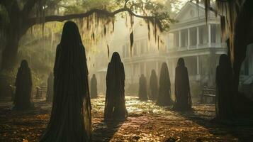 Eerie haunting ghostly silhouetted female figures walking in front of a foggy Southern Plantation antebellum mansion on Halloween night - generative AI. photo
