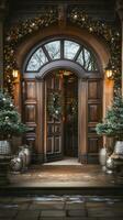 Beautiful Christmas decorated front door and porch of a house on a winter evening. Generative AI. photo