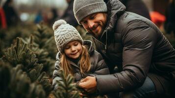 joven padre y hija elegir un Navidad árbol a el árbol granja. generativo ai. foto