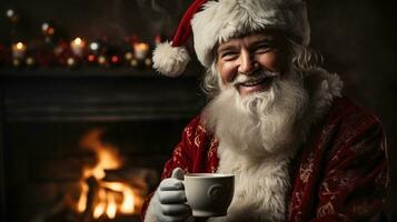 Santa Claus Enjoying His Cup of Hot Cocoa Next to the Christmas Tree and Fireplace. Generative AI. photo