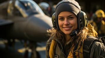 Female fighter pilot soldier standing outside her fighter jet - generative AI. photo