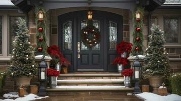 hermosa Navidad decorado frente puerta y porche de un casa en un invierno noche. generativo ai. foto
