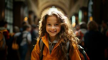 Cute young school girl walking down the hallway of her school - Generative AI. photo