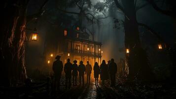 Silhouette of several people walking down the lantern lit walkway on Halloween night toward a spooky house - generative AI. photo