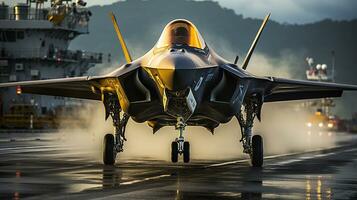 A Lockheed Martin F 35 Fighter Jet takes off of an aircraft carrier. Generative AI. photo