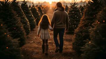 joven padre y hija caminando a escoger un Navidad árbol a el Nevado granja. generativo ai. foto