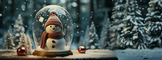 Christmas Snow Globe with Snowman on a Wood Surface Banner. Generative AI. photo